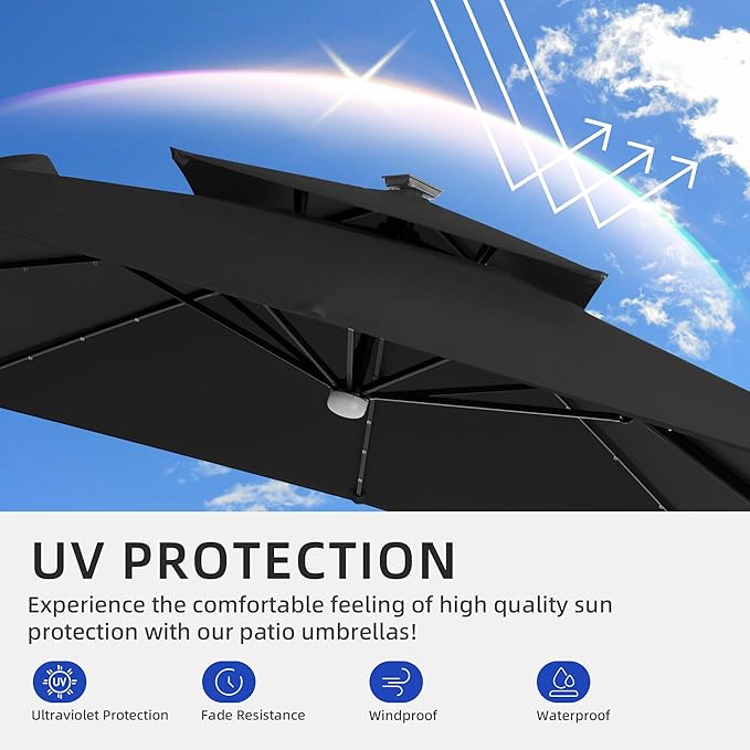 JZAC & QZYD 9x9 FT Outdoor Cantilever Patio Umbrella with Base Included and Solar LED Lights, Large Heavy Duty 2-Tier Square Aluminum Offset Umbrellas with 360-Degree Rotation for Pool Deck, Black