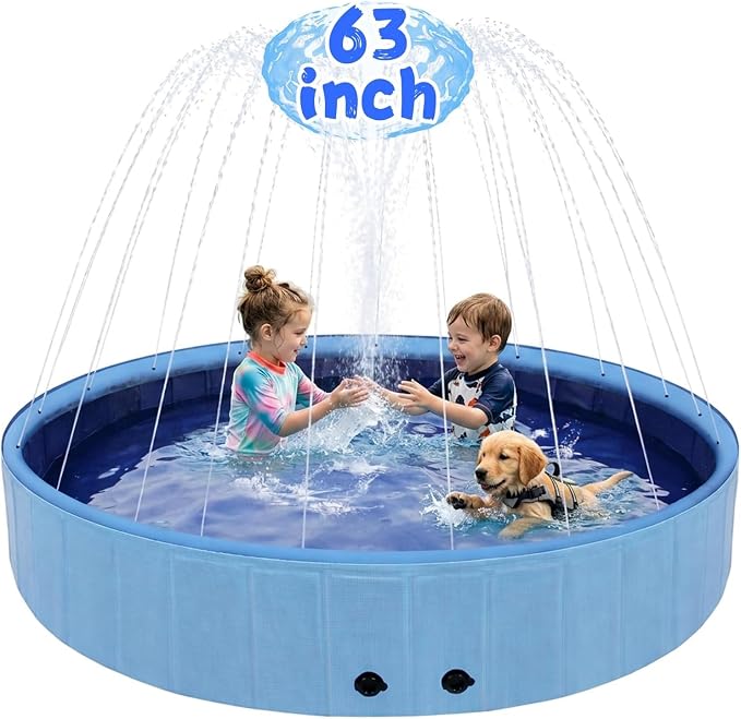 Eooqi Foldable Dog Pool with Sprinkler, 63 Inch Extra Large Thickened Splash Pool, 2-in-1 Outdoor Summer Water Play Toy, Non-Slip Hard-Side Kiddie Pool for Backyard Dogs, Kids & Pets (Blue, 63''-2XL)