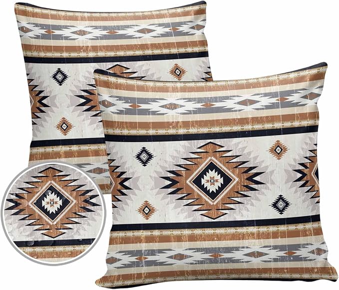 Outdoor Waterproof Throw Pillow Covers Set of 2 Orange Boho Aztec Pillowcases 24x24 Inches Southwest Tribal Geometric Patio Decorative Pillows Cushion Case Patio Pillows for Couch Bed Chair Garden