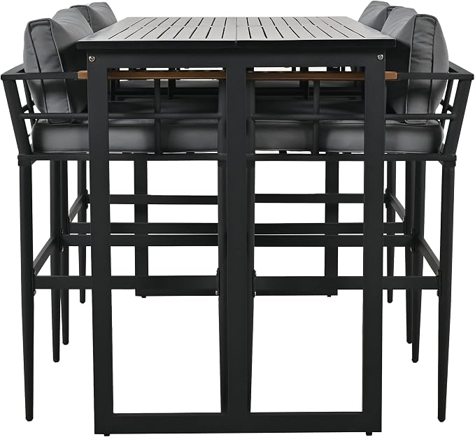 5-Piece Patio Dining Set, Steel Outdoor Dining Table and 4 Cushioned Chairs with Acacia Wood Armrest, Modern Conversation Furniture for Courtyard,Garden, Balcony (Black+Steel, 5-Piece)