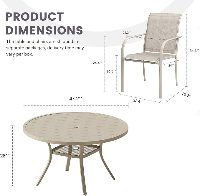 7 Pieces Patio Dining Set, 47" Round Dining Table with Umbrella Hole, 6 Stackable Textilene Fabric Chairs, Metal Structure for Patio, Porch, Garden(Sand Table, Sand Chair)