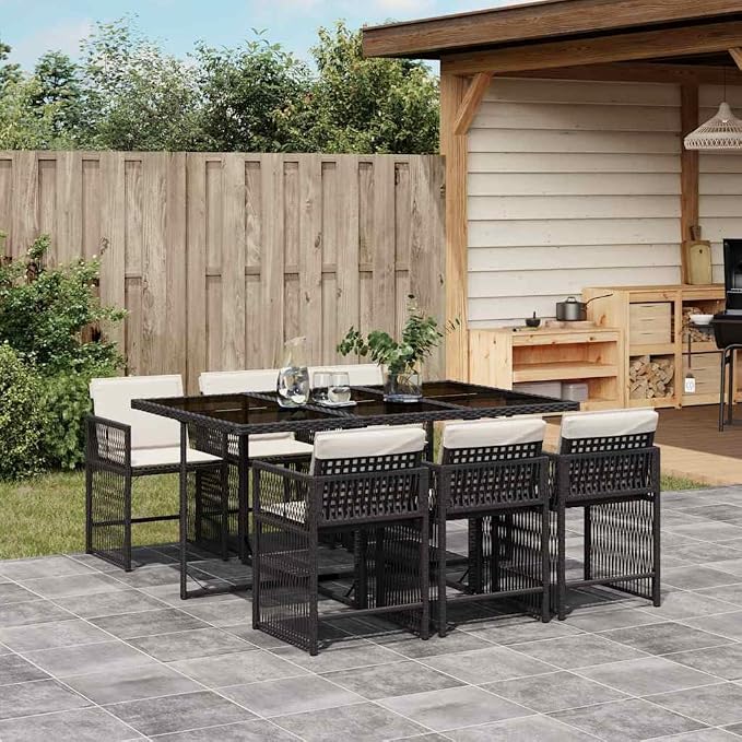 7 Piece Patio Dining Set with Cushions Black Poly Rattan Outdoor Furniture Table and 6 Folding Chairs Tempered Glass Top UV-Proof for Garden Backyard Deck Entertaining 242.5 lb Capacity