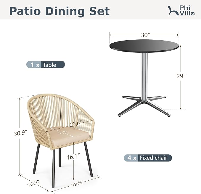 PHI VILLA 5-Piece Patio Dining Set, 30" Round Table, Wicker Chairs | Outdoor dining set for 4, Metal table with umbrella hole, Cushioned brown wicker chairs. Modern design for patio, deck, porch