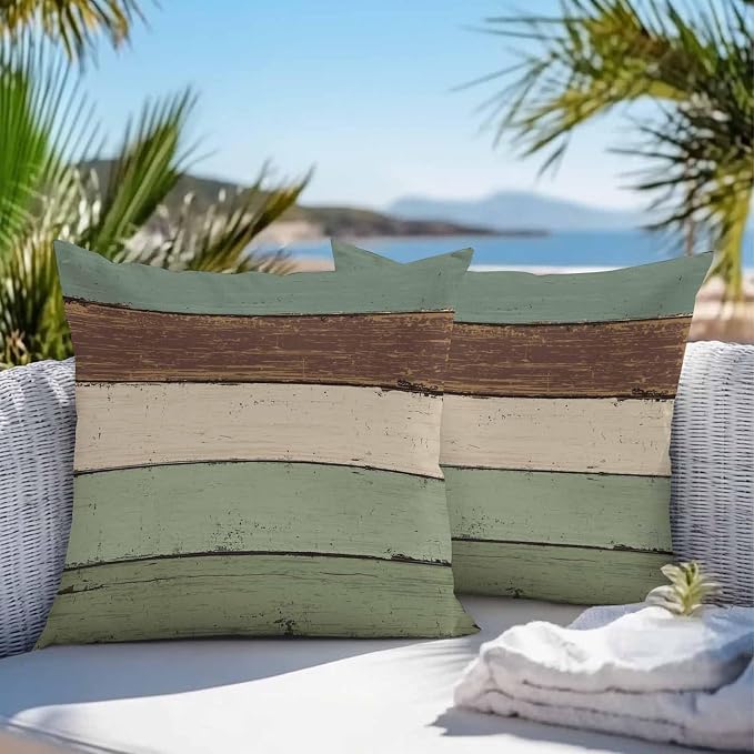 Vandarllin Outdoor Throw Pillow Covers 26X26 Set of 2 Waterproof Sage Green Brown Decorative Zippered Cushion Covers for Patio Furniture, Farmhouse Retro Rustic Barn Wood Texture Lumbar Pillowcases