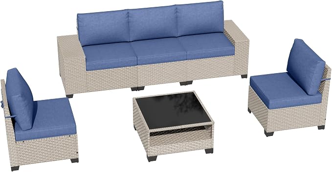 6-Piece Outdoor Patio Furniture Set, Modular Sectional Sofa Set with Glass Coffee Table and Cushions, Wicker Outdoor Couch Conversation Sets, Blue