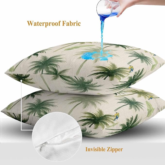 Yukro Summer Palm Tree Parrot Outdoor Waterproof Pillow Covers Pack of 2, Tropical Green Leaf Bird Retro Throw Pillowcases Decorative Cushion Covers for Garden Patio Tent Sofa Couch, 24x24 inch