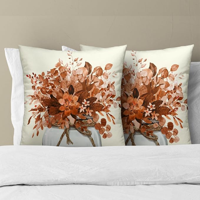 Fall Eucalyptus Leaves Pillow Covers 22x22 Inch Set of 2, Orange Floral Leaf Jar Autumn Seasonal Decorative Farmhouse Pillows Cushion Case for Sofa Couch Home Decor