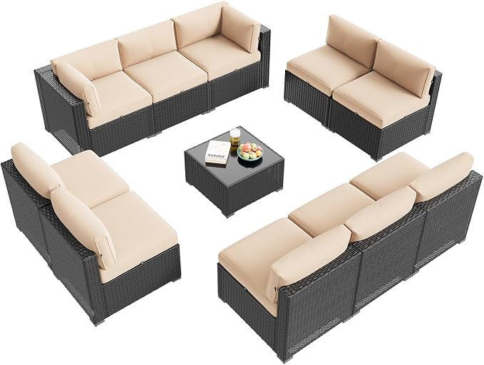 Aoxun Patio Furniture Set, 11 Piece Outdoor Sectional Sofas with Waterproof Cover, 10 Seats Wicker Rattan Outdoor Furniture Patio Conversation Set for Backyard, Garden Begin