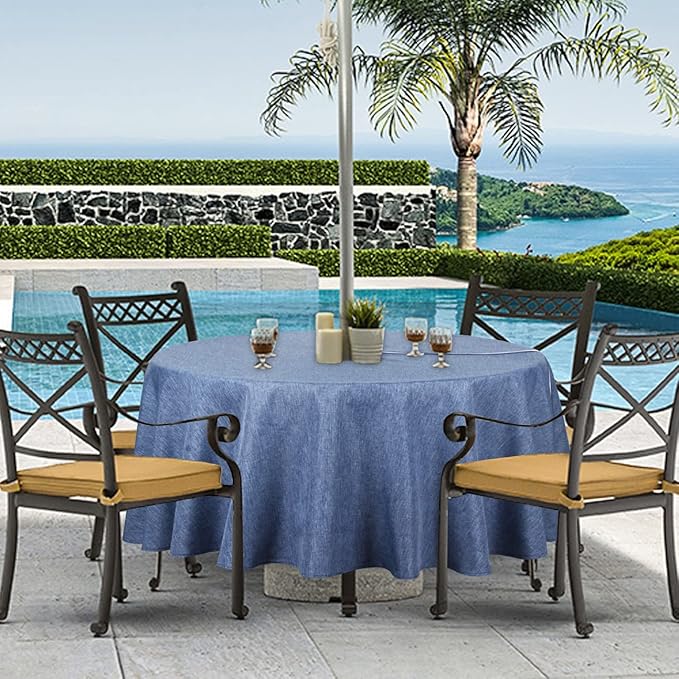 Outdoor Tablecloth Wrinkle-Free Stain Resistant Waterproof Polyester Fabric Table Cover with Zipper Umbrella Hole for Picnic/Party/Dinner/Patio Garden(60inch Round,Zippered,Denim Blue)