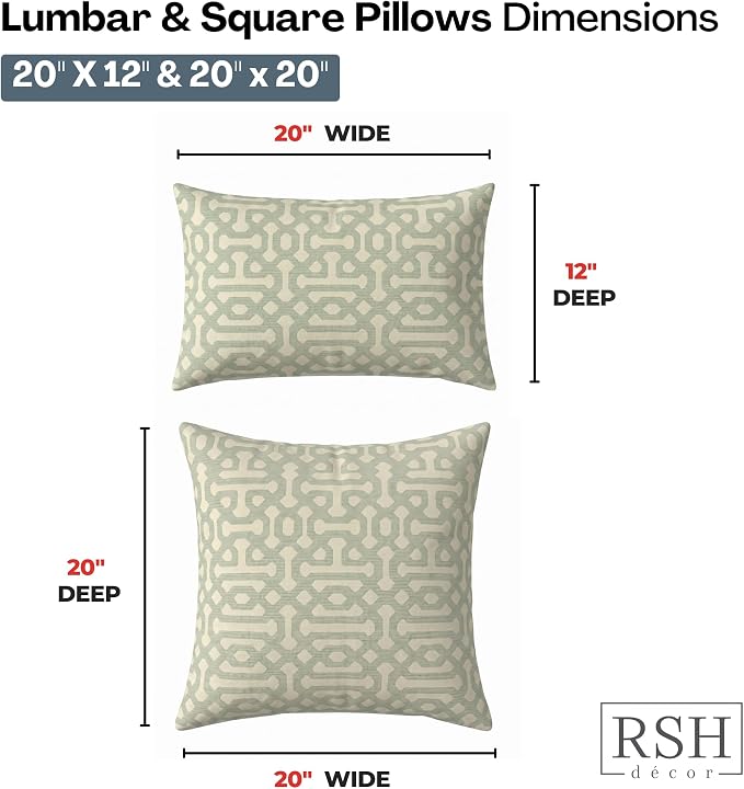 RSH DECOR: Sunbrella Lumbar & Square Pillows Set of 4 | 20" x 12" & 20" x 20" | Water and Fade-Resistant Performance Fabric | Outdoor Throw Pillows for Patio Furniture | Made in USA (Fretwork Mist)