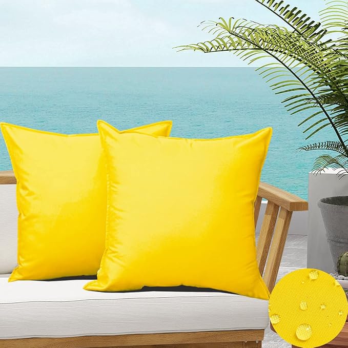 Yellow Outdoor Waterproof Throw Pillow Covers Durable Vibrant Square Decorative Cushion Case for Patio Furniture, Garden, Bright Color Outdoor Pillow Covers (18 x 18 Inches, 2 PCs)