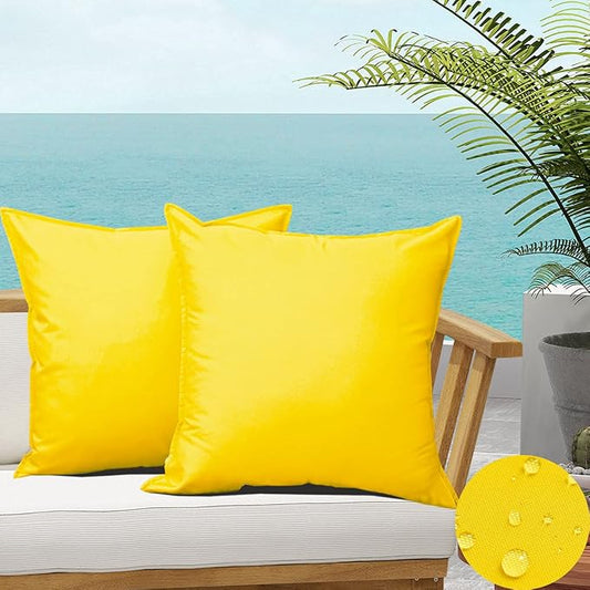 Yellow Outdoor Waterproof Throw Pillow Covers Durable Vibrant Square Decorative Cushion Case for Patio Furniture, Garden, Bright Color Outdoor Pillow Covers (18 x 18 Inches, 2 PCs)