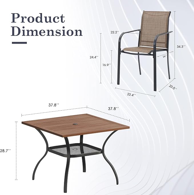 5 Pieces Outdoor Dining Set, Stackable Textilene Paito Chairs & 37.8" Square Dining Table with Umbrella Hole and Shelf, Patio Dining Set for Backyard, Deck, Garden, Brown & Walnut