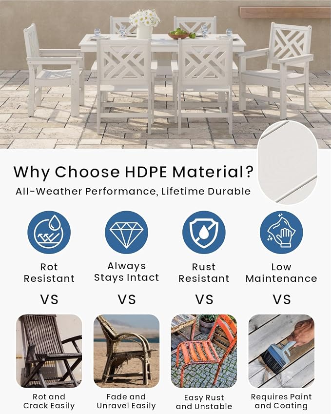 7-Piece Outdoor Dining Set, HDPE All-Weather Patio Table and Chairs Set for 6, Outdoor Patio Furniture Sets with Umbrella Hole for Outside, Deck, Backyard, Garden (White)