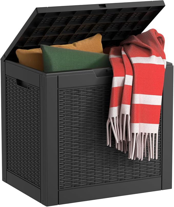 EasyUp 31 Gallon Resin Deck Box Waterproof, UV Resistant Outdoor Storage Box for Delivery, Patio, Garden,and Porch,Rattan Black