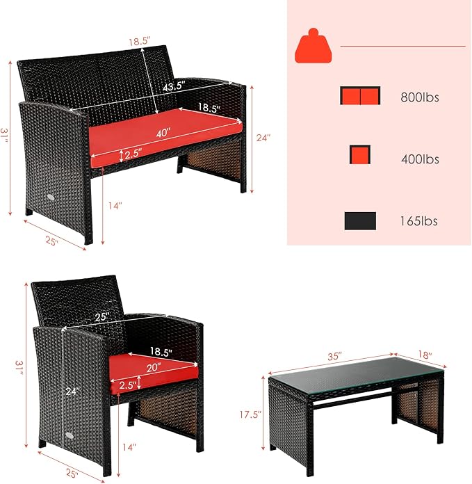 Tangkula 8 Pieces Rattan Furniture Set, Outdoor Conversation Set w/Chair & Loveseat & Tempered Glass Coffee Table, Suitable for Garden, Backyard, Poolside, Patio Furniture Set for 8 (2, Red)