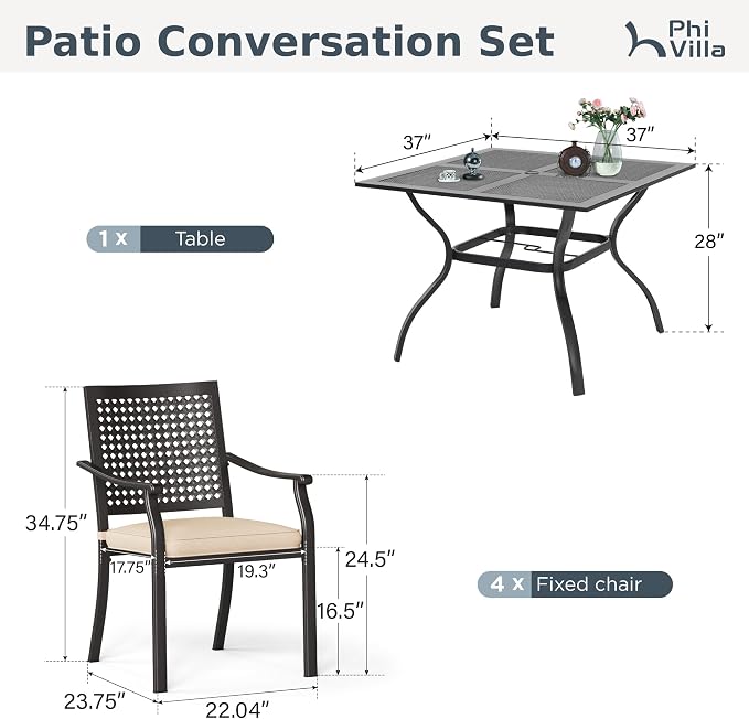 PHI VILLA Outdoor Dining Set for 4, 37" Metal Table & Chairs w/Cushions | 5 pcs black wrought iron square furniture set w/ umbrella hole. All weather for patio, deck, yard, porch