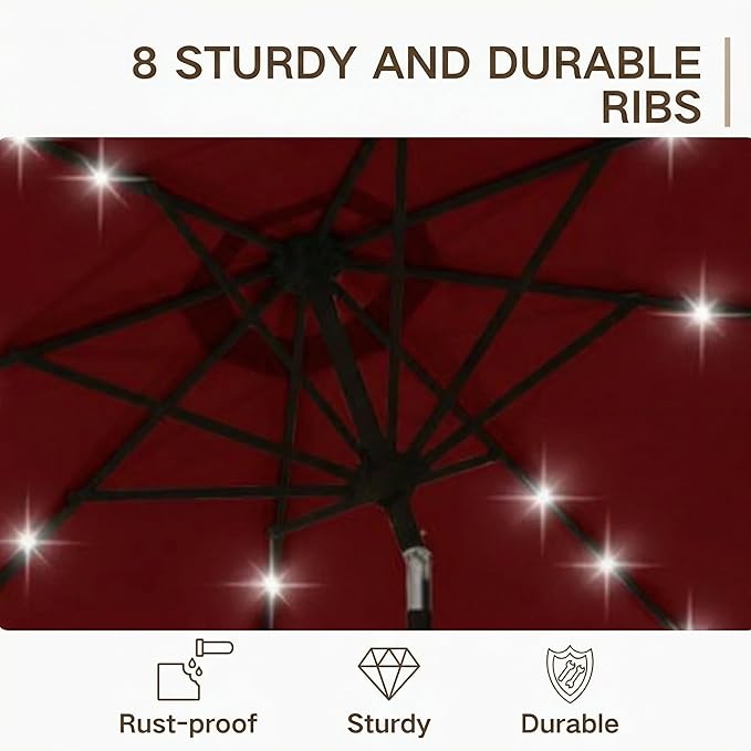 Kingdura 9FT Outdoor Patio Umbrella with Solar Lights, Market Table Umbrella with Push Button Tilt & Crank, 8 Sturdy Ribs, 32 LED Lights, UV Protection for Garden Lawn Deck Backyard Pool (Dark red)
