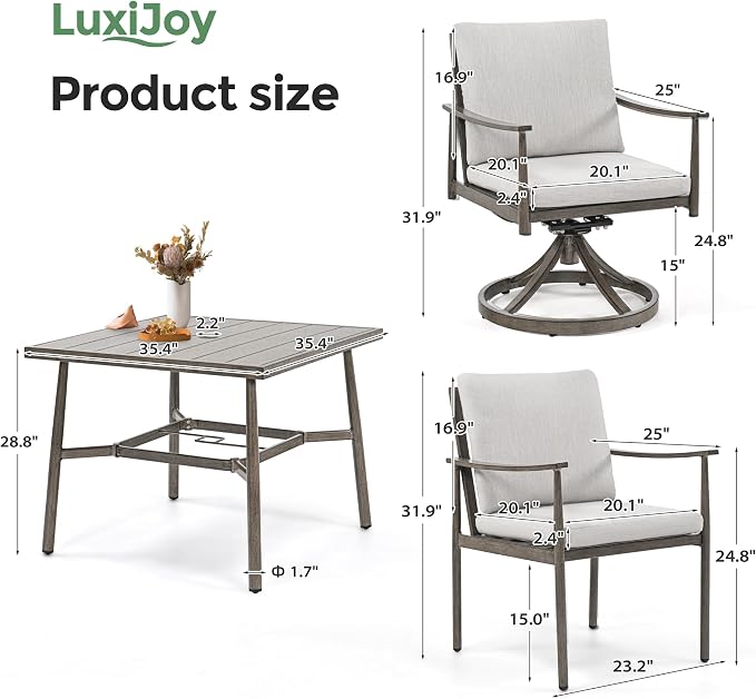 5-Piece Outdoor Dining Set - Aluminum Patio Dining Set with Rope Backrest,2 Swivel Rocking Chairs,2 Fixed Chairs and Square Table with Umbrella Hole,Removable Cushion for Lawn Porch Yard,Grey