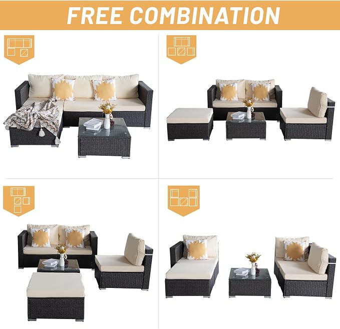 5 Piece Rattan Patio Furniture Set, Outdoor Patio Conversation Set | Soft Removable Cushion and Backrest, Tempered Coffee Table, Modern Chairs and Table Sets for Porch, Garden, Lawn, Grey/Beige