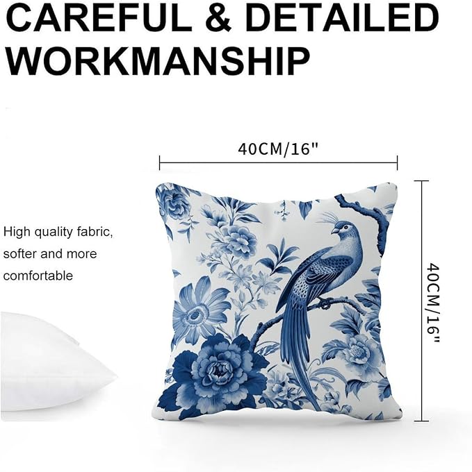 Cushion Cases Blue Indigo Floral Chinoiserie Throw Pillow Covers Rustic Asian Navy Lotus Bird Pillow Cover Accent Outdoor Waterproof Decorative Pillow Cover for Patio Deck Chair 16x16 in