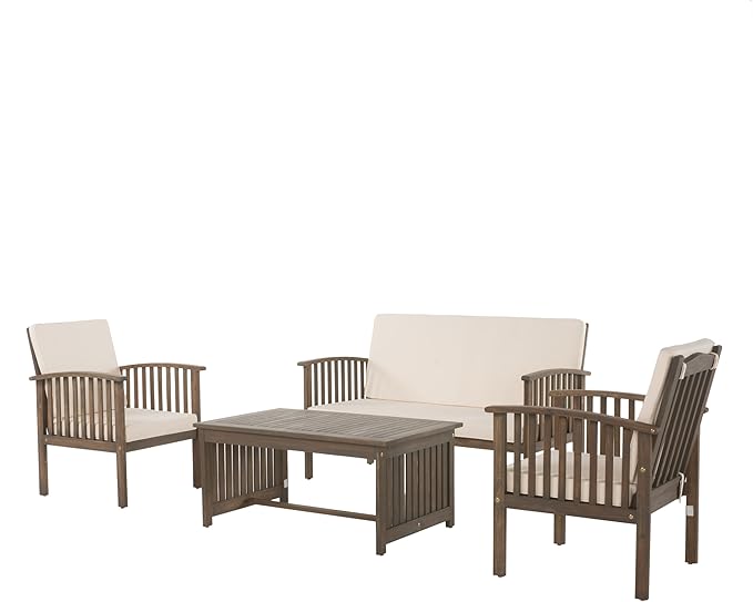 Christopher Knight Home Carolina Acacia Chat Set, 4-Pcs Set, Grey Finish / Cream