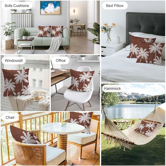 Outdoor Pillow Covers 24x24 Inch Set of 2, Brown Palm Trees Waterproof Throw Pillow Covers, Farmhouse Tropical Summer Beach Decorative Cushion Pillowcases for Couch, Sofa, Bed, Garden, Patio