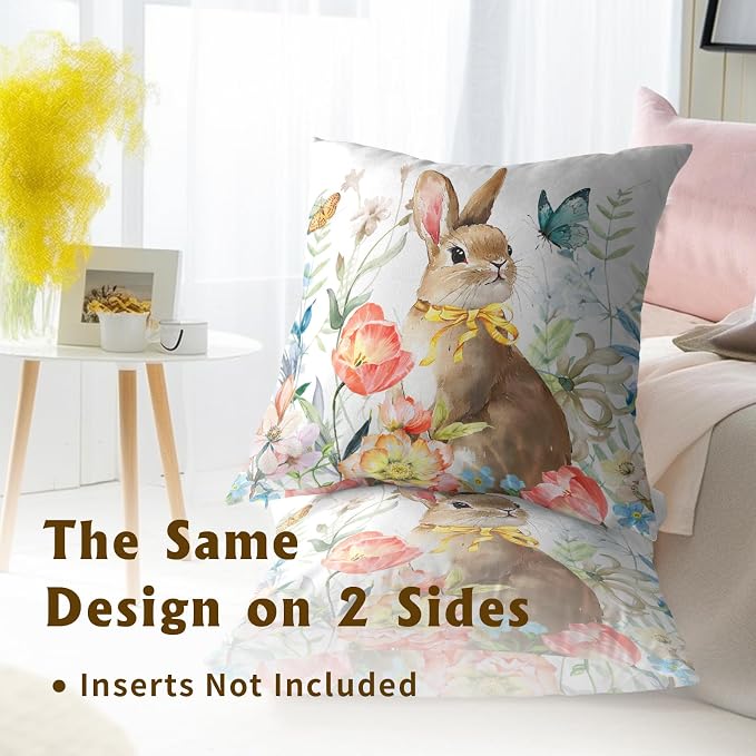 Easter Pillow Covers 22x22 Spring Easter Bunny Painting Decorative Throw Pillowcase Rabbit Floral Summer Square Couch Cushion Cover for Living Room Sofa Accent Home Decor, Set of 4
