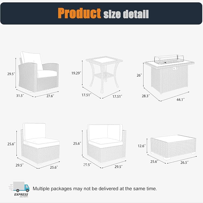 Patio Furniture Set with Fire Pit Table, 9 Pieces Outdoor All-Weather Wicker Conversation Sectional Chair Sofa Set with 2 Swivel Chairs