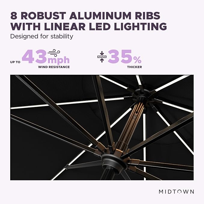 Midtown Umbrellas The LED Swilt 10 Feet Patio Umbrella With Terylast Ebony (Black) Polyester Fabric - Auto-Tilt Aluminum Frame With LED Lights For Backyard, Deck, Garden, Pool - Black Pole