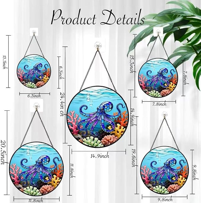 Stained Glass Window Hanging - The Blue Octopus is Foraging in The Coral 6.3 Inches Suncatcher for Garden Home Decor for Women Mom Grandma Friends