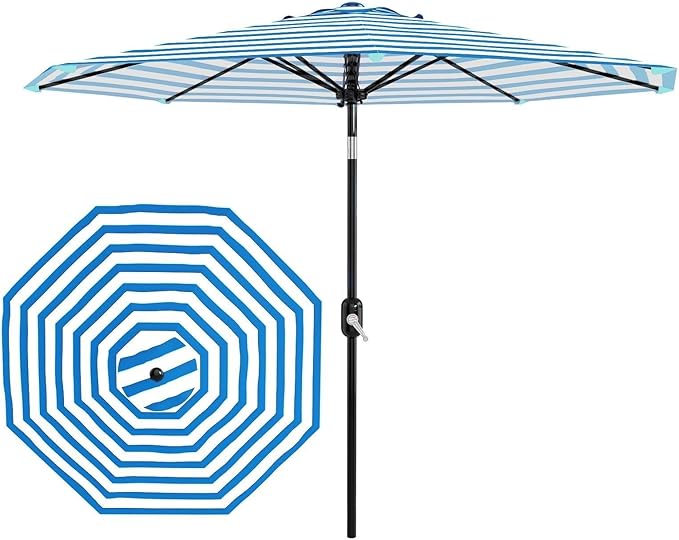 GarveeLife 10FT Patio Umbrella Outdoor, Table Umbrella with Push Button Tilt and Crank, 8 Sturdy Ribs UV Protection Waterproof for Garden, Pool, Market, Deck (Blue & White Stripe)