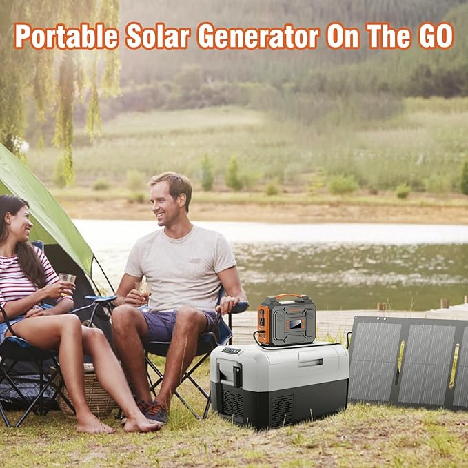 300W Solar Power Station Generator with Foldable 60W Solar Panel Charger, 110V Portable Solar Power Bank with AC Outlet for Camping Laptop Smart Devices RV Home VanLife Outdoor Power Outage