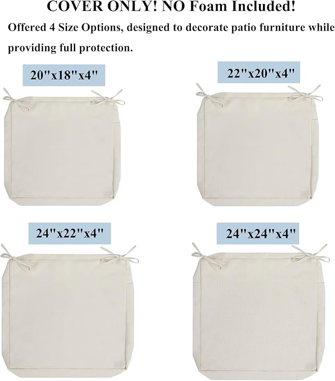FUNHOME 2 Pack Outdoor Cushion Covers 24" x 24" x 4", No Insert! Water-Resistant Patio Chair Seat Cushion Covers with Zipper and Tie, Replacement Cover Only(Cream White)