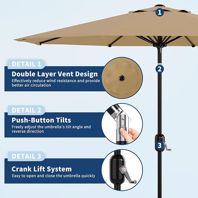 10Ft Patio Umbrella - 8 Sturdy Ribs Outdoor Table Umbrella with Crank Lift & Push Button Tilt - Market Umbrella for Pool, Deck, Yard, Garden - Turquoise