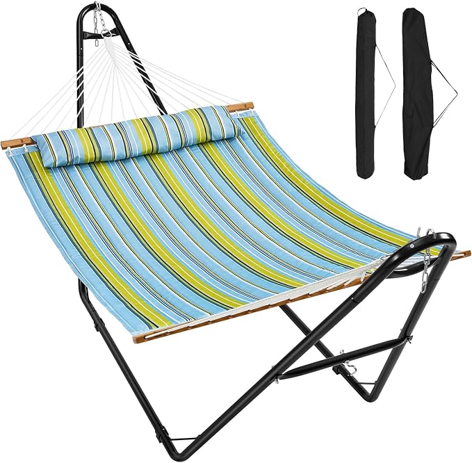 VEVOR Double Quilted Fabric Hammock with Universal Steel Stand, 2 Person Hammock with Stand, Detachable Pillow & Portable Bag 480lbs Capacity Free Standing Hammock for Outside, Patio, Garden, Beach