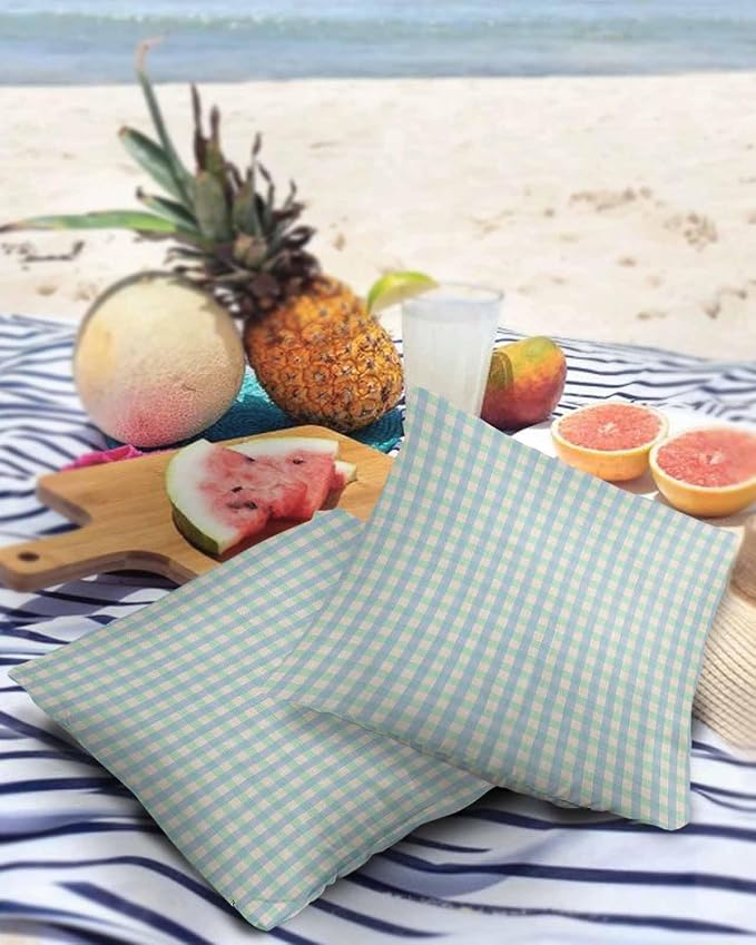 Outdoor Waterproof Throw Pillow Covers Set of 2 Buffalo Plaid Pillowcases 24x24 Inches Blue Linen Classic Checked Patio Decorative Pillows Cushion Case Patio Pillows for Couch Bed Chair Garden