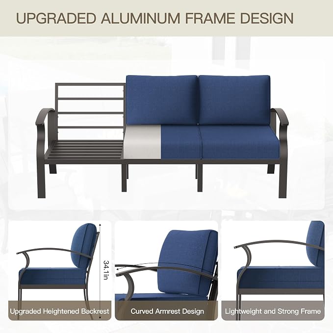 Aluminum Patio Furniture Set with 55,000 BTU Propane Fire Pit Table,10 Seats Metal Modern Outdoor Furniture w/5.1" Cushions,Patio Sectional w/Swivel Chairs for Patio,Backyard,NavyBlue