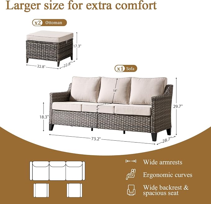 Luxury Patio Furniture Sofa Set - 3 Pieces All Weather Wicker Outdoor Couch and High Back Patio Sofa with 2 footstools for Deck Yard and Poolside Gray Wicker | Beige Cushions