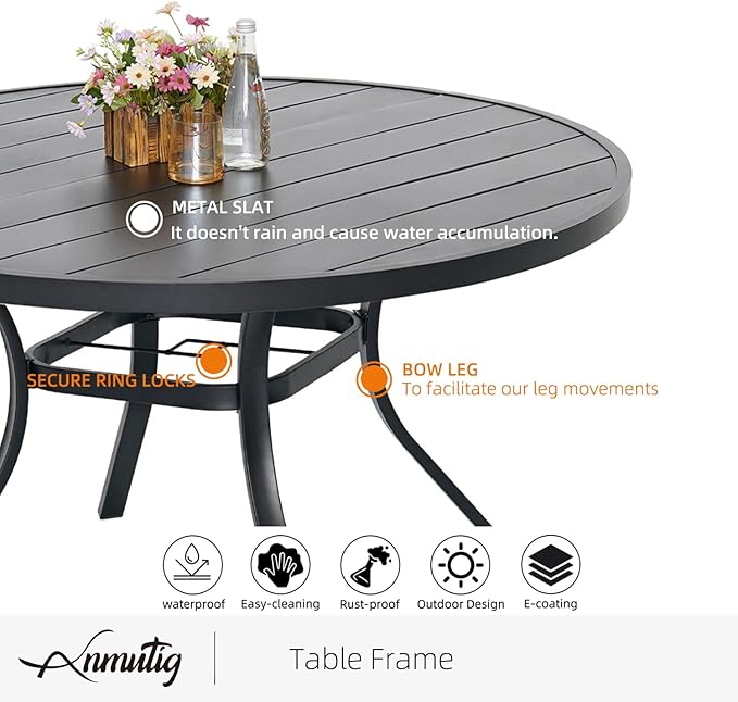Anmutig 7-Piece Outdoor Dining Set, 48'' Round Table with 6 Stackable Chairs All Weather Furniture Set - Black