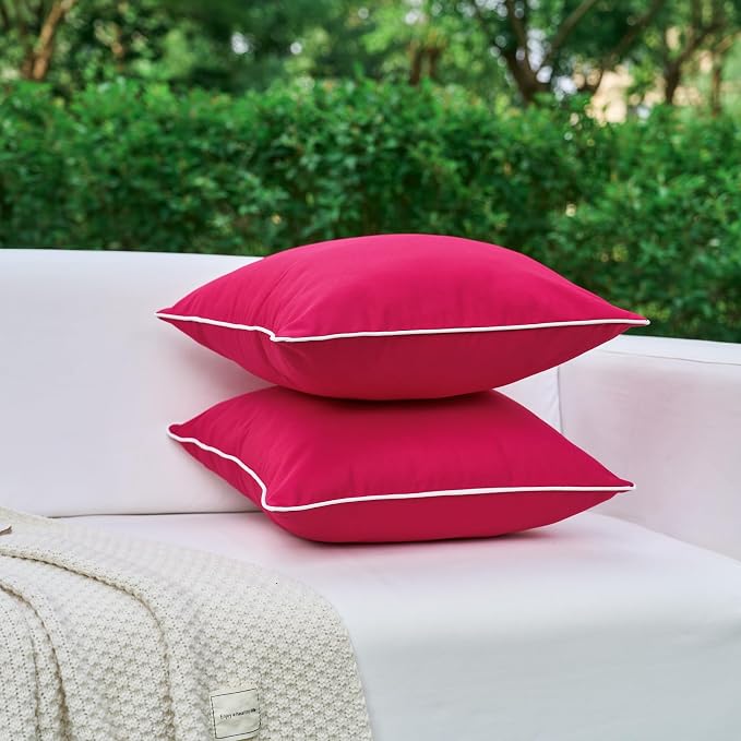 LIGICKY Pack of 2 Hot Pink Outdoor Waterproof Throw Pillow Covers Decorative White Edge Square Pillows Cushion Case Outside Pillowcase for Patio Couch Tent Sunbrella (18x18 inch)