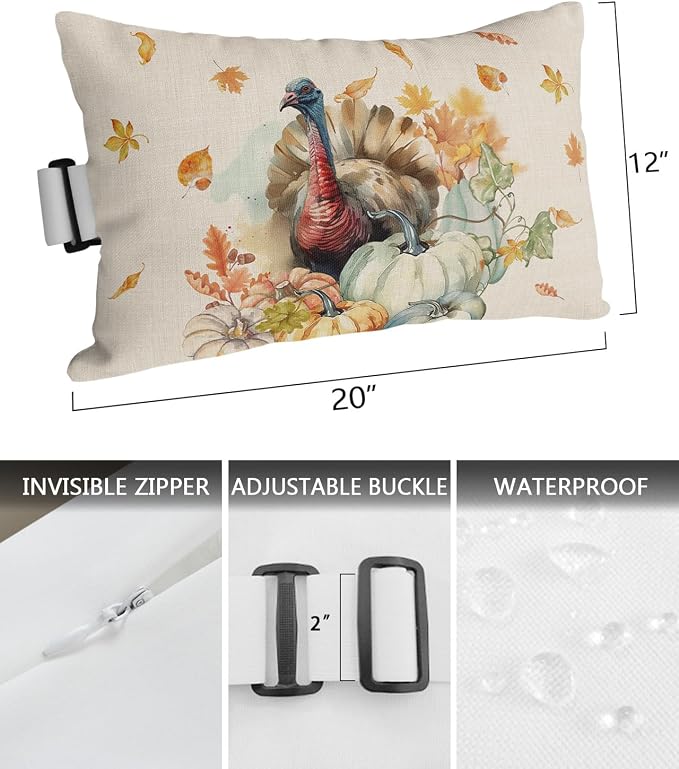 Outdoor Pillows Covers with Inserts Thanksgiving Watercolor Turkey Pumpkin Maple Leaves Waterproof Pillow with Adjustable Strap Throw Pillows for Patio Furniture Recliner Lounge Chair, 12" x 20", 2PCS