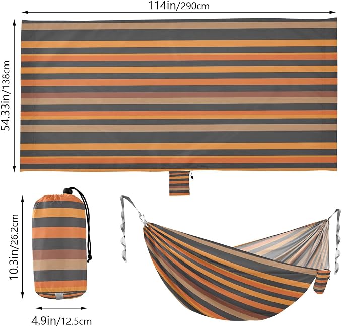 Camping Hammock Outdoor Hammocks for Outside Gray Orange Stripe Beach Trees Portable Lightweight with Pockets Tree Straps Indoor