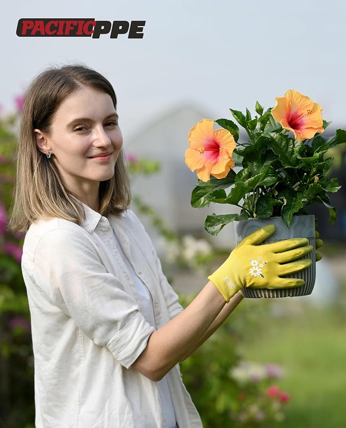 PACIFIC PPE 3 Pairs Gardening Gloves for women, Rubber Coated Garden Gloves, Ladies Yard Work Gloves, Breathable, Purple & Yellow & Red, Small