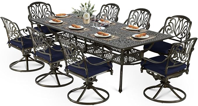 VIVIJASON 9-Piece Outdoor Dining Set, Cast Aluminum Retro Patio Furniture Table and Chairs Set for 8, Include 94.5" Rectangular Table and 8 Swivel Rocker Chairs with Umbrella Hole, Navy Blue Cushion