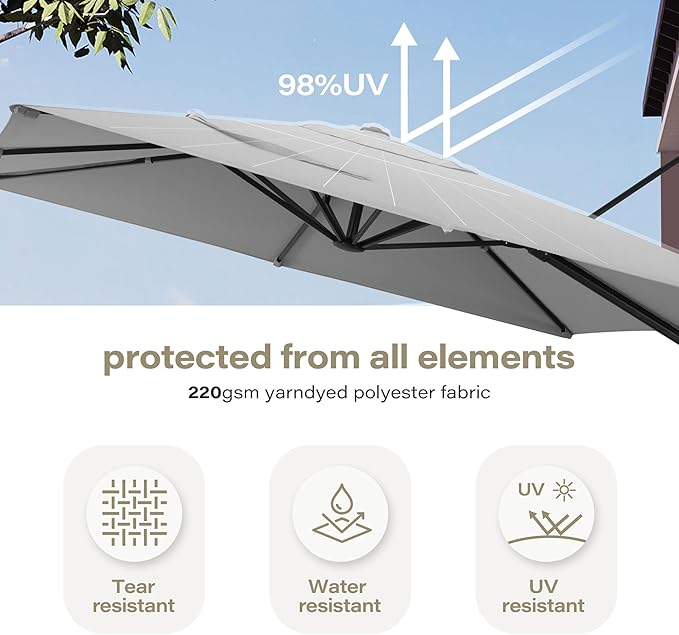 LAUSAINT HOME 9ft Square Cantilever Patio Umbrella, Outdoor Offset Hanging Umbrella with 360° Rotation & Aluminum Pole for Backyard, Pool, Lawn, Deck, Grey