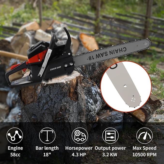 18 inch Gas Powered Chainsaw, 58CC Gasoline Chain Saw, 2-Cycle Gas Powered Chain Saws, Handheld Chainsaws for Trees, Wood Farm, Home Garden Cutting