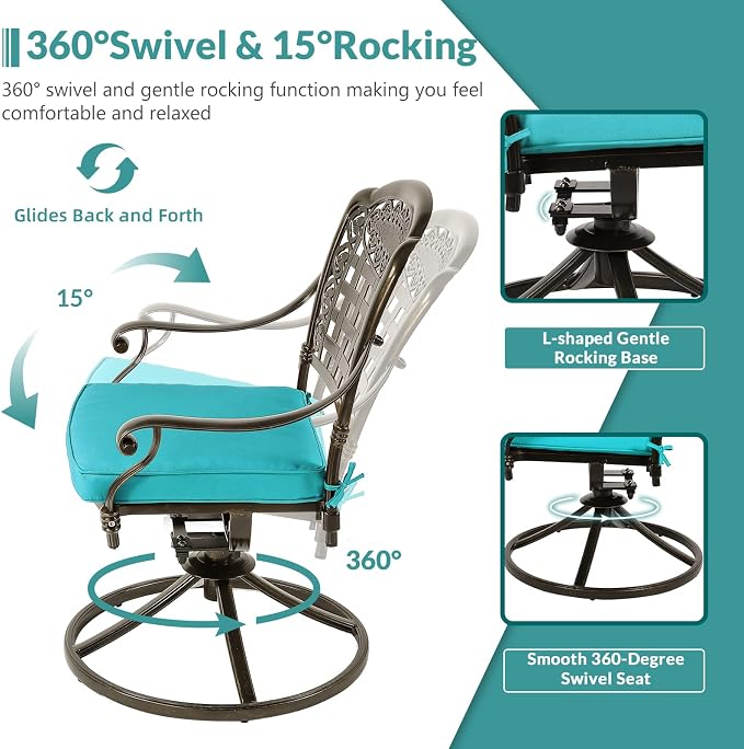 MEETWARM 9-Piece Outdoor Patio Dining Set for 8, All Weather Cast Aluminum Patio Funiture Table and Chairs Set- 94.5” Rectangular Table and 2 Swivel Rocker Chairs, 6 Stationary for Garden, Ocean Blue