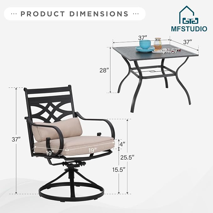 MFSTUDIO 5-Piece Patio Dining Set, 37" Square Metal Table, Swivel Chairs | For Deck, Backyard, Poolside, Garden