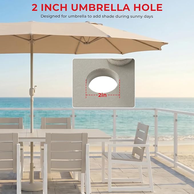 Costaelm Stinson 7-Piece Outdoor HDPE Patio Dining Table Set with Umbrella Hole & Dining Chairs for 6, Sand